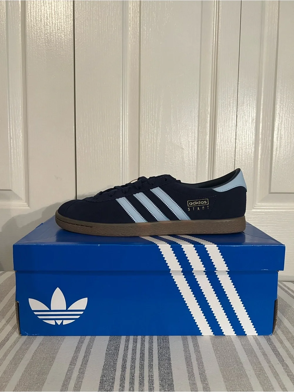 adidas Navy STADT Suede Sneakers with Light Blue Stripes and Gum Sole 10.5M